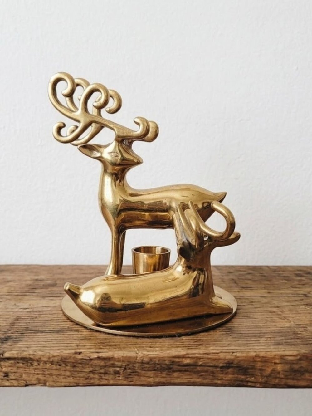 Brass Deer Candlestick Taper Candle Holder Gold Tone Reindeer MCM Made in India